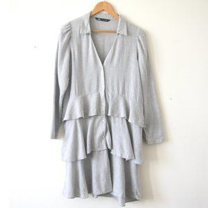 Size M - ZARA Women's Gray Cotton Blend Ruffle Skirt Shirtdress